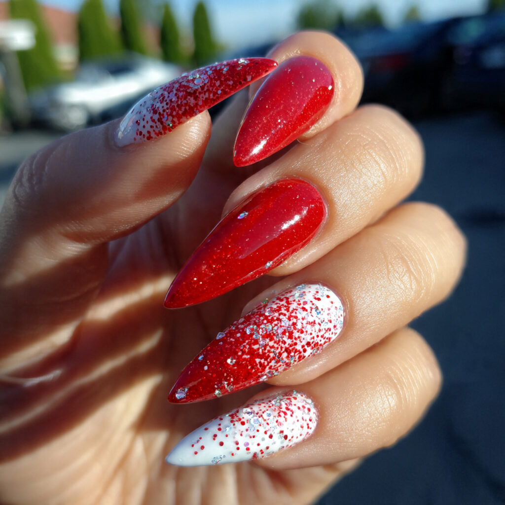 attractive stiletto red and white glam nails with