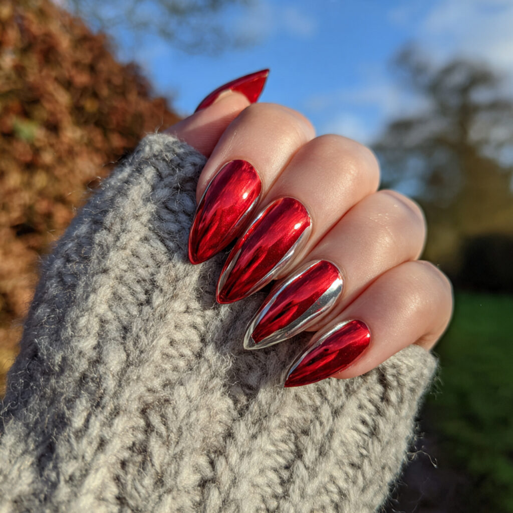attractive stiletto scarlet with silver chrome nai