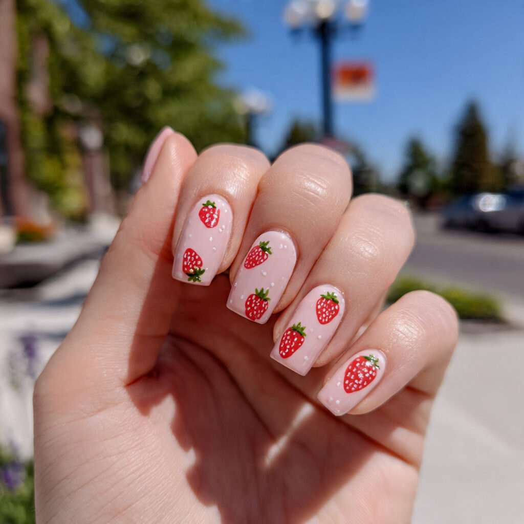 attractive strawberry blush nails with outdoor bac
