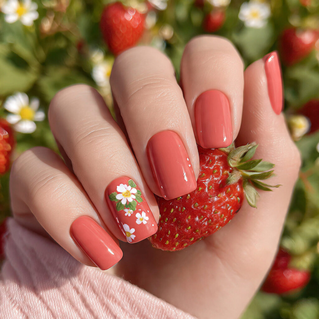attractive strawberry blush nails with summer outd