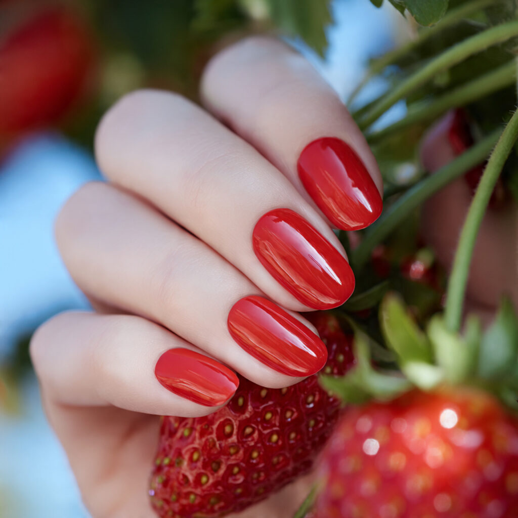attractive strawberry cream red nails with outdoor