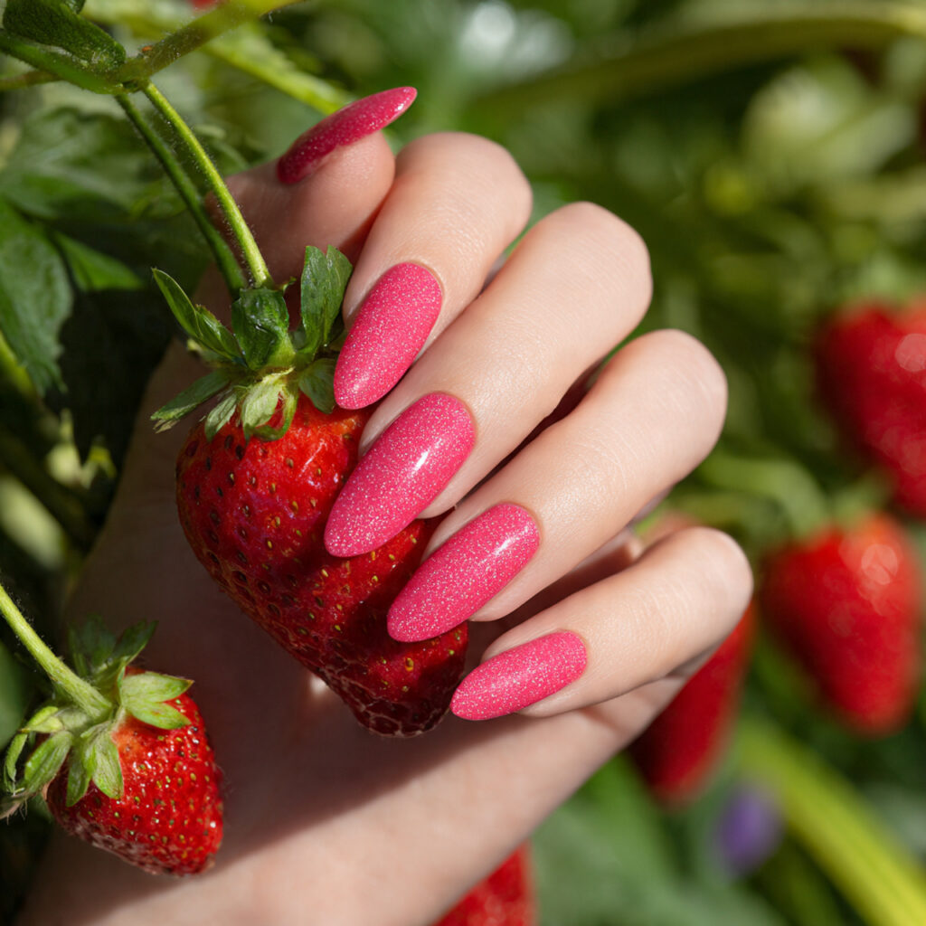 attractive strawberry detail pink nails with summe