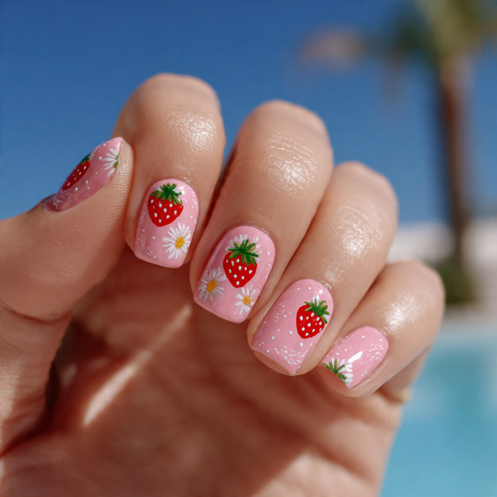 attractive strawberry detail short nails inspo wit