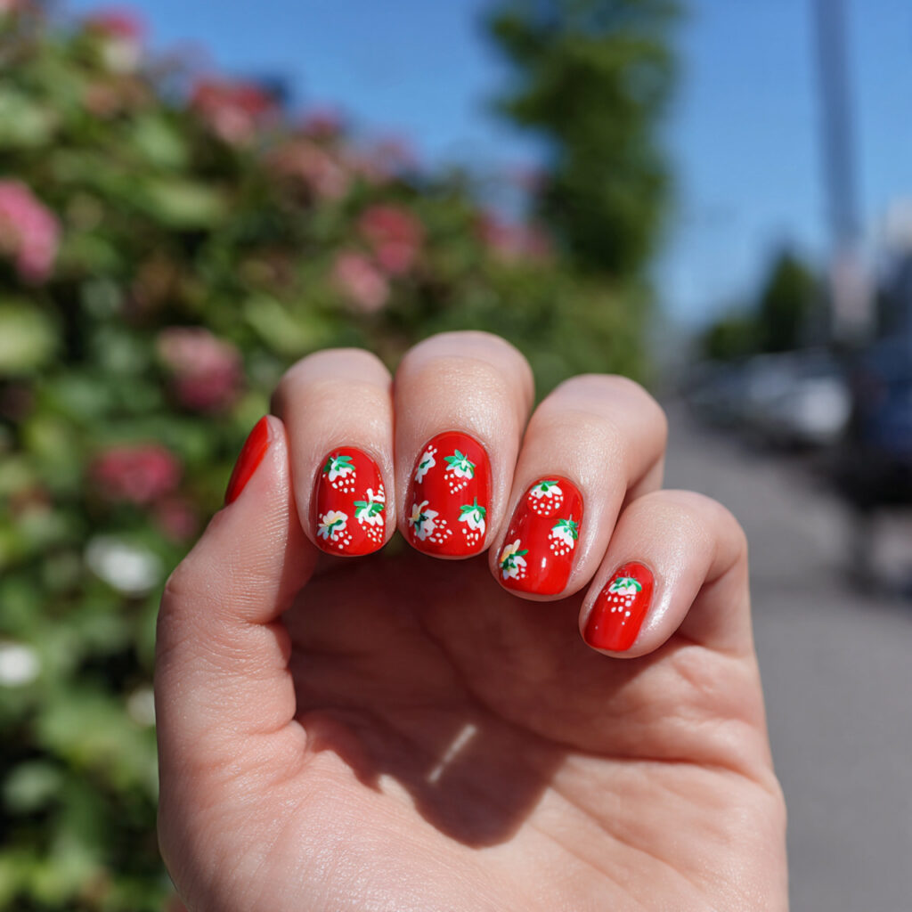 attractive strawberry detail short nails with outd