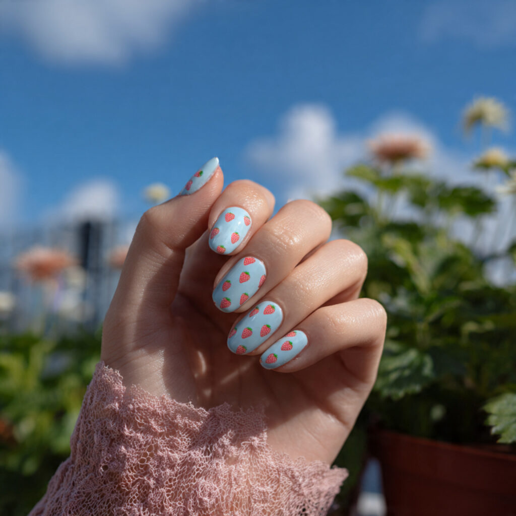 attractive strawberry milk and baby blue nails wit