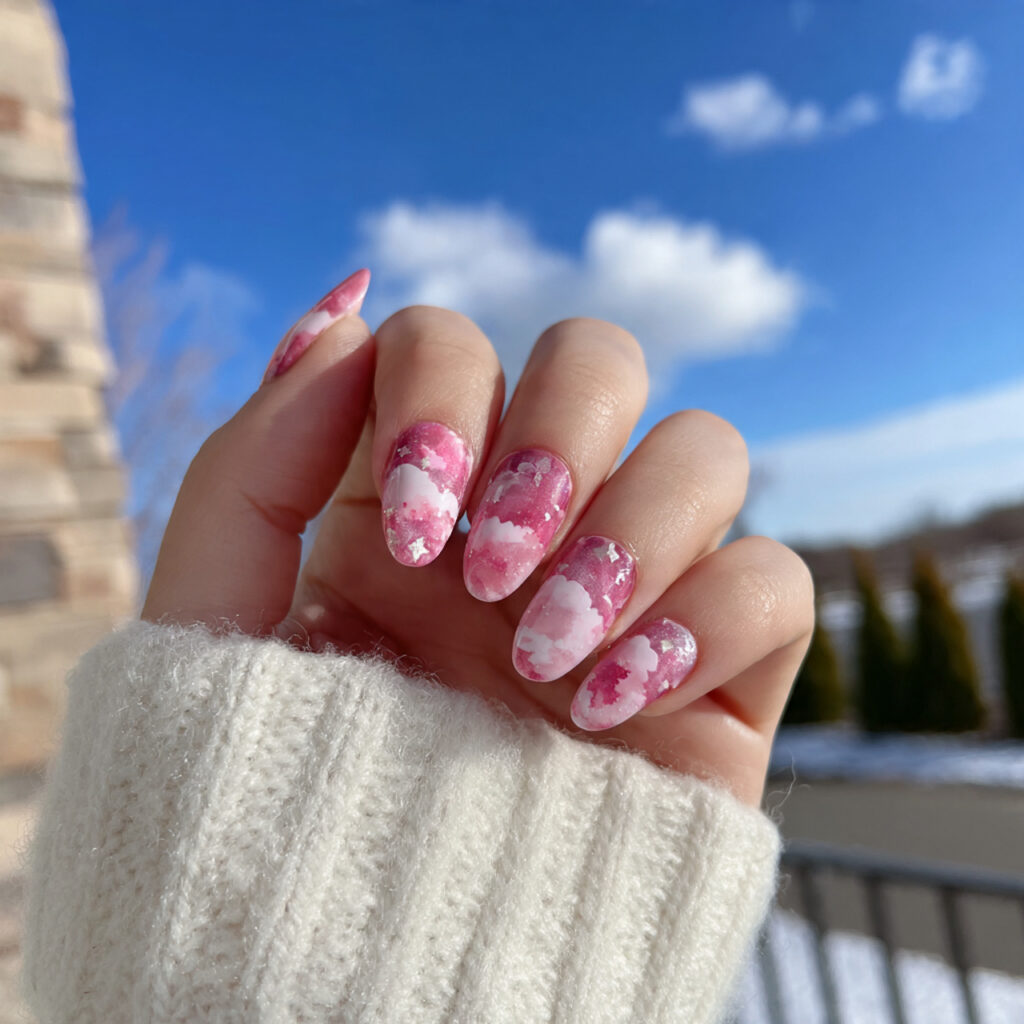 attractive strawberry milk aura sweet cloudy nails
