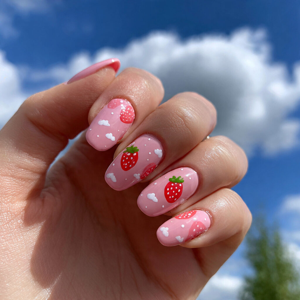attractive strawberry milk cloudy pink nails with