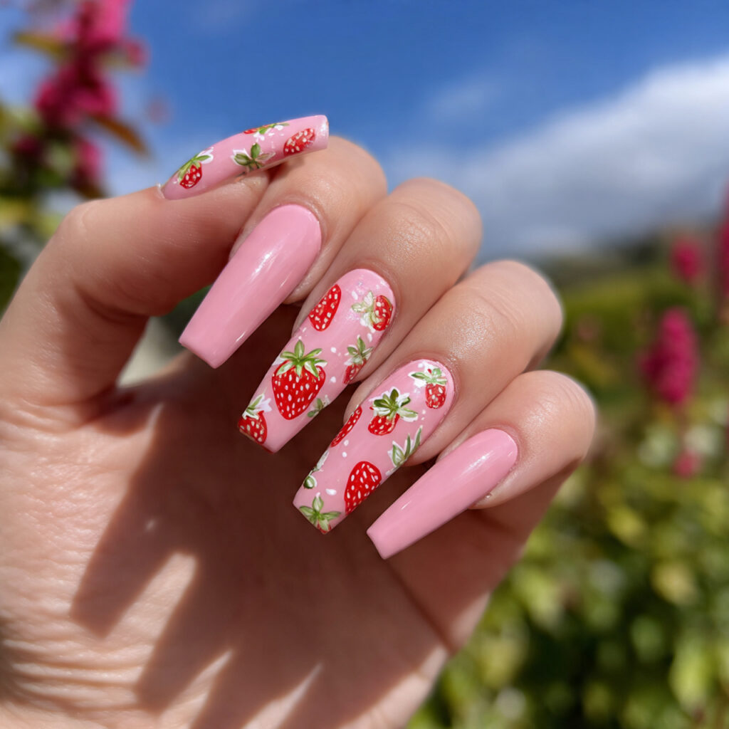 attractive strawberry milk coffin nails with outdo