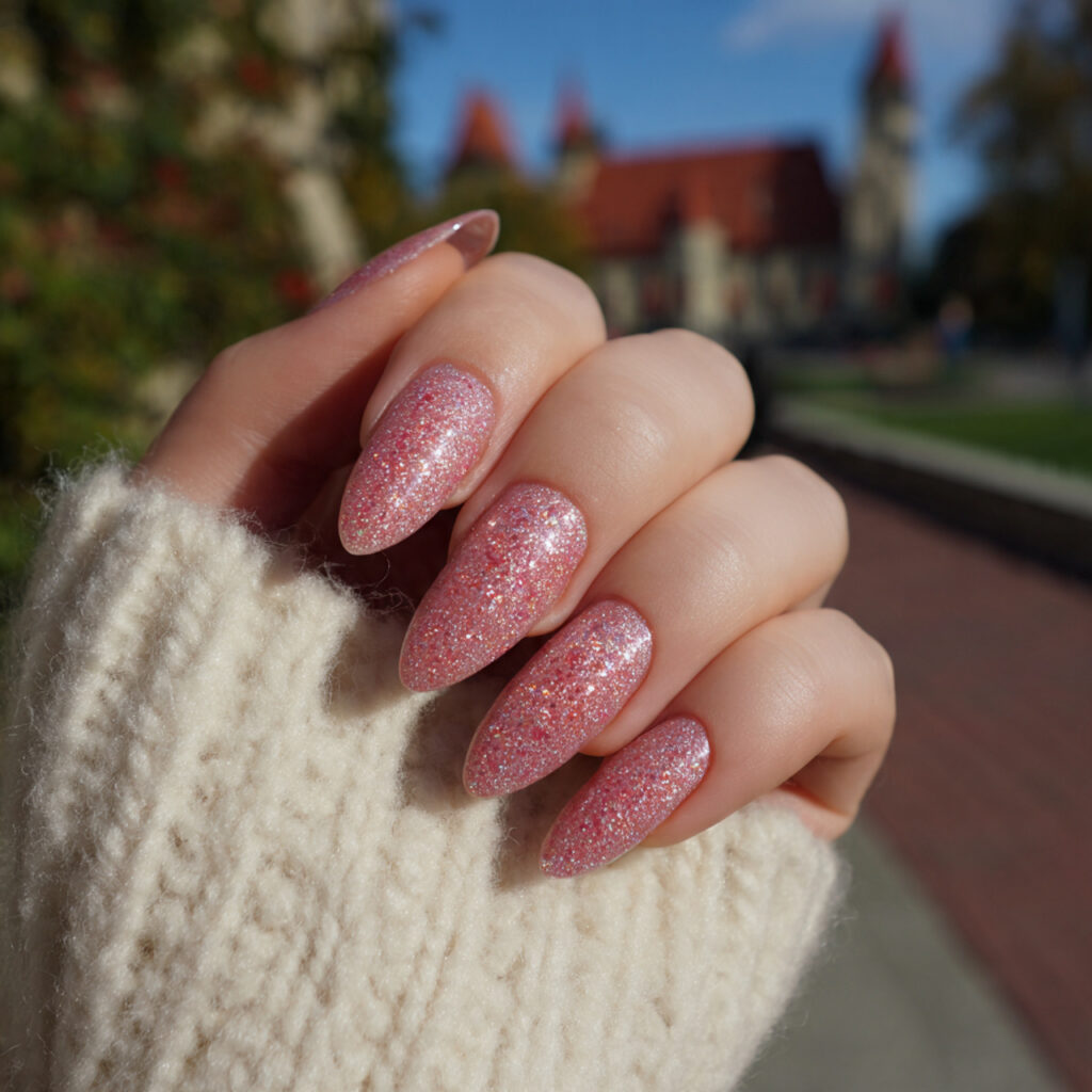attractive strawberry milk glitter nails with outd