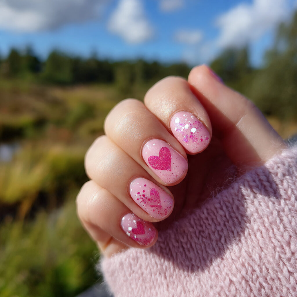 attractive strawberry milk heart nails with outdoo