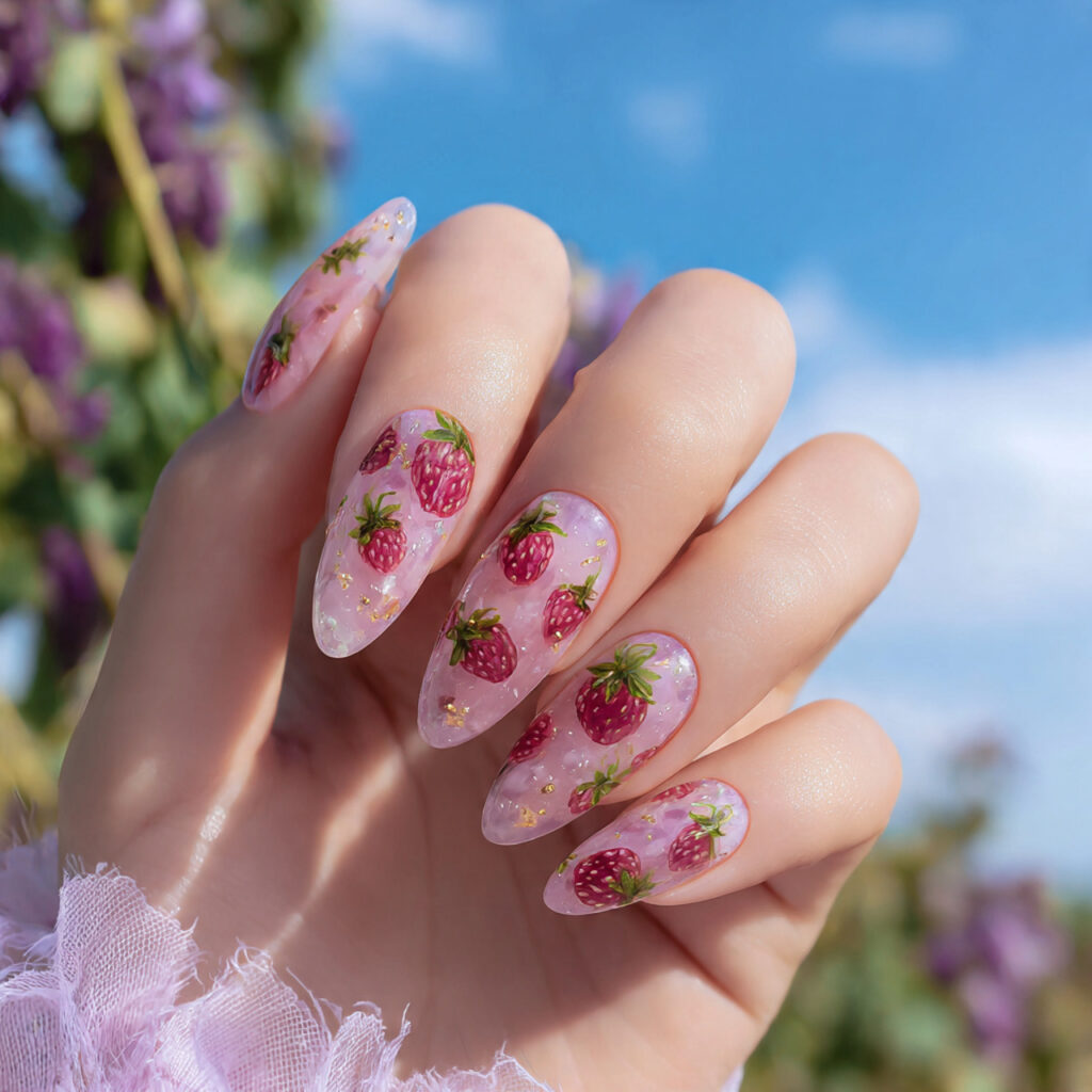 attractive strawberry milk jelly almond nails with