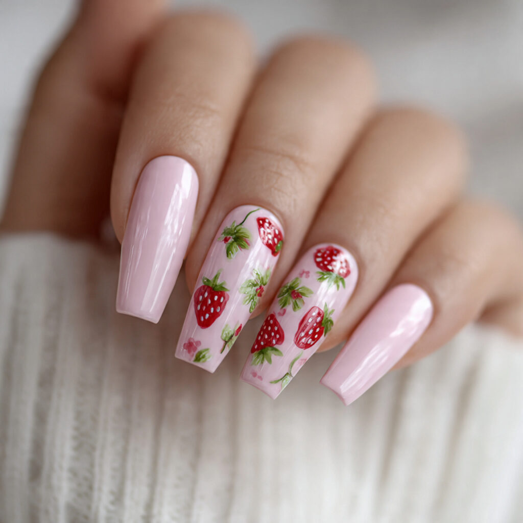 attractive strawberry milk long coffin nails with 1 1