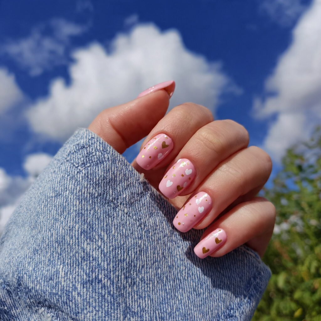 attractive strawberry milk nails with micro hearts