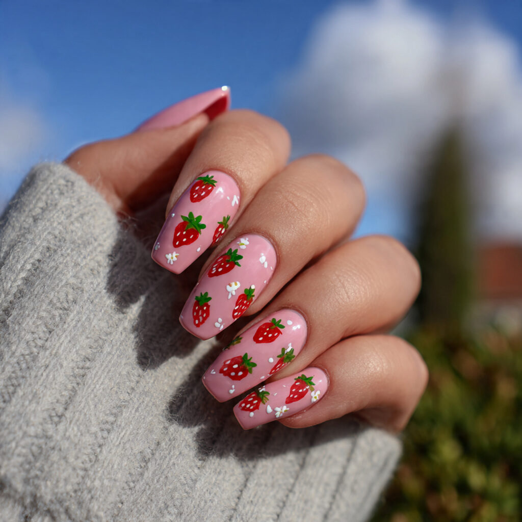 attractive strawberry milk nails with outdoor back