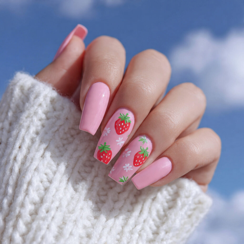 attractive strawberry milk pink acrylic nails with