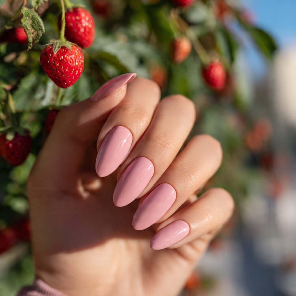 attractive strawberry milk pink almond nails with