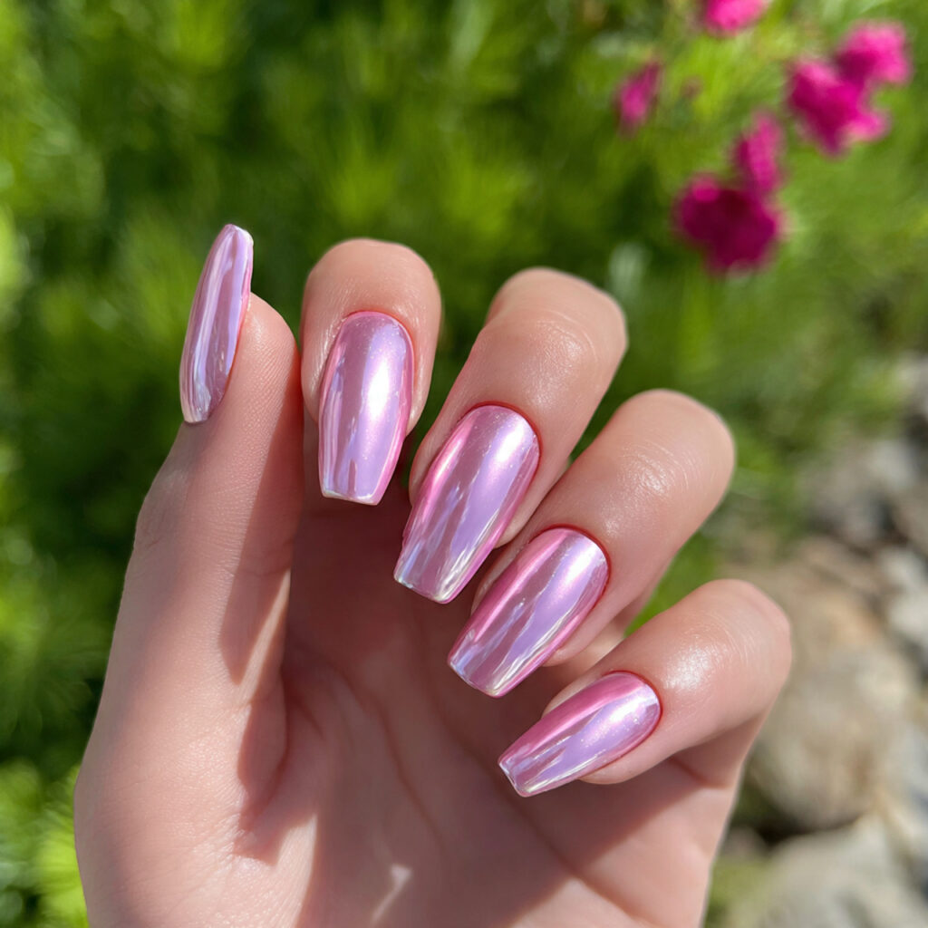 attractive strawberry milk pink chrome nails with
