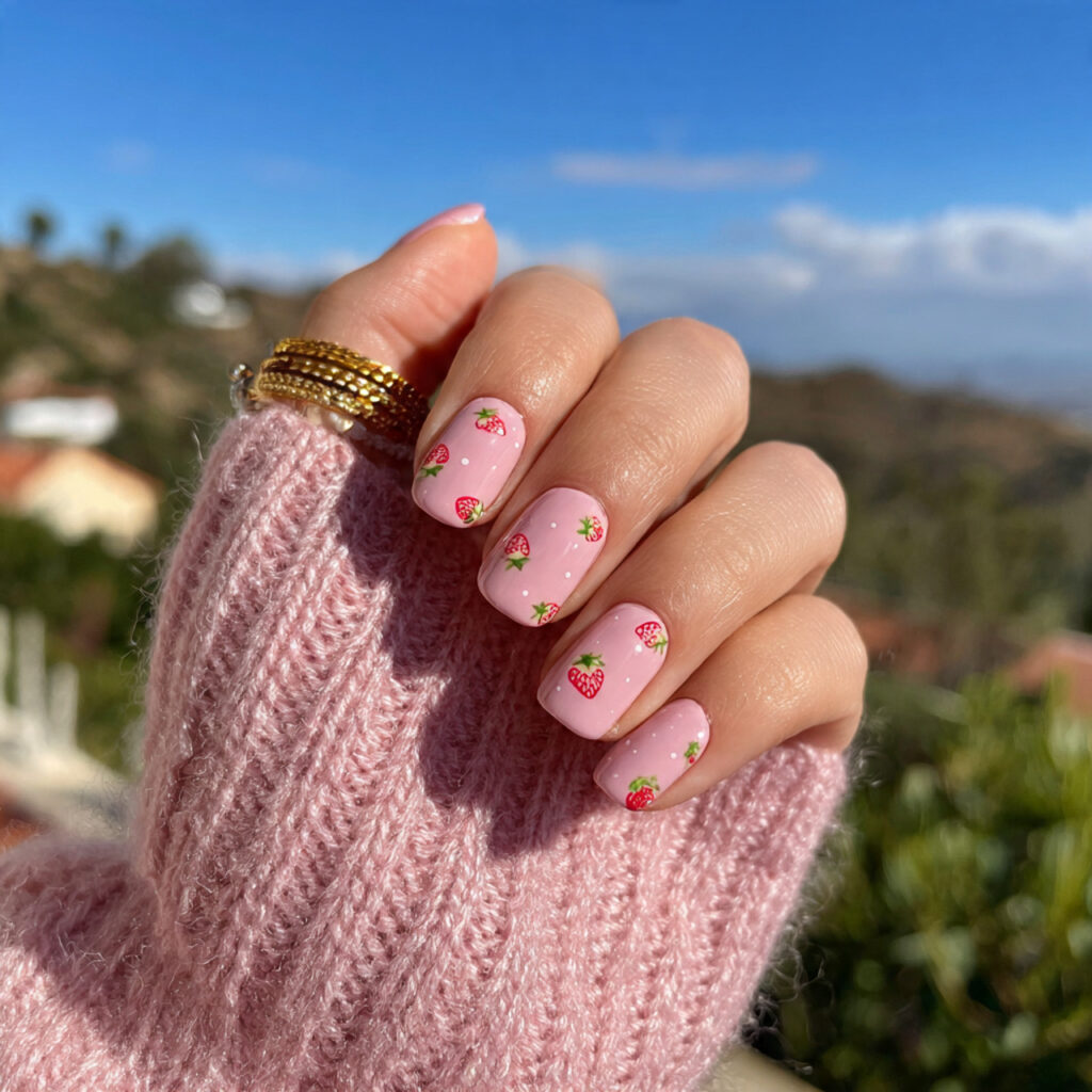 attractive strawberry milk pink nails with outdoor