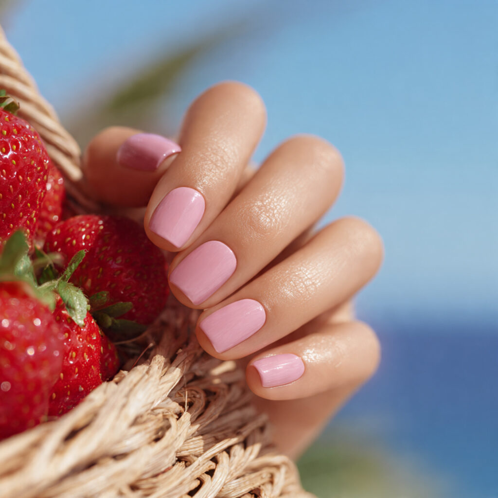 attractive strawberry milk pink nails with summer