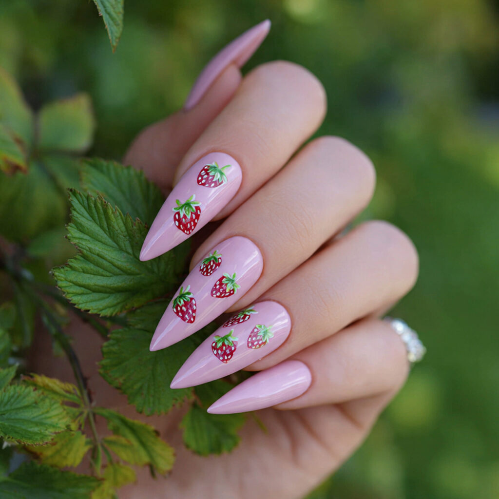 attractive strawberry milk pink stiletto nails wit
