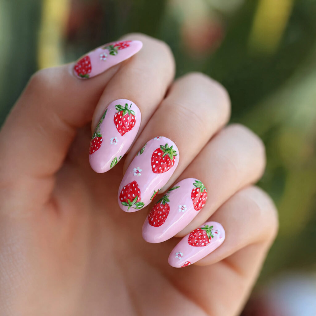 attractive strawberry milk short nails with outdoo 1