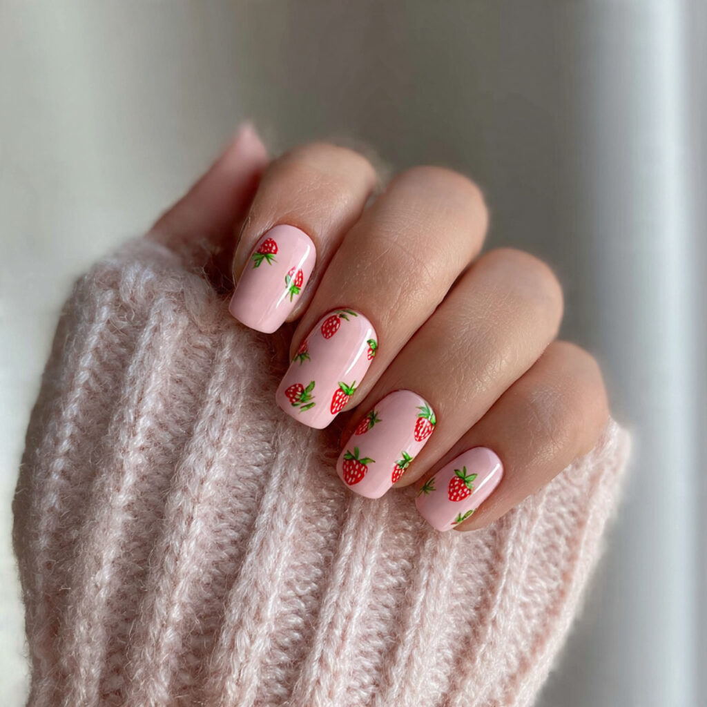 attractive strawberry milk short nails with outdoo