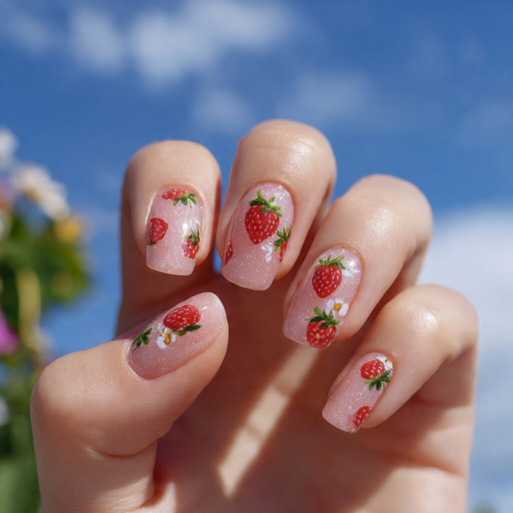 attractive strawberry milky and white gloss nails