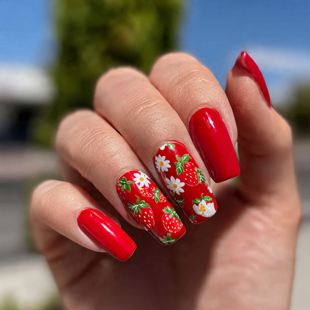 attractive strawberry red milk nails with outdoor