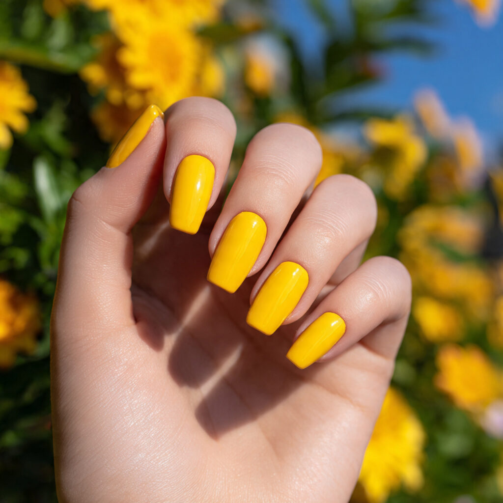 attractive sunflower yellow solid gloss nails with