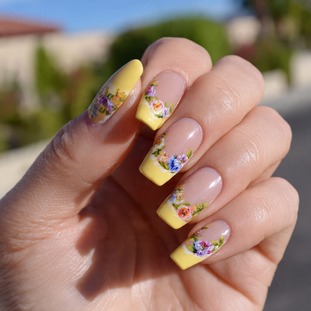 attractive sunny yellow floral french tips nails w