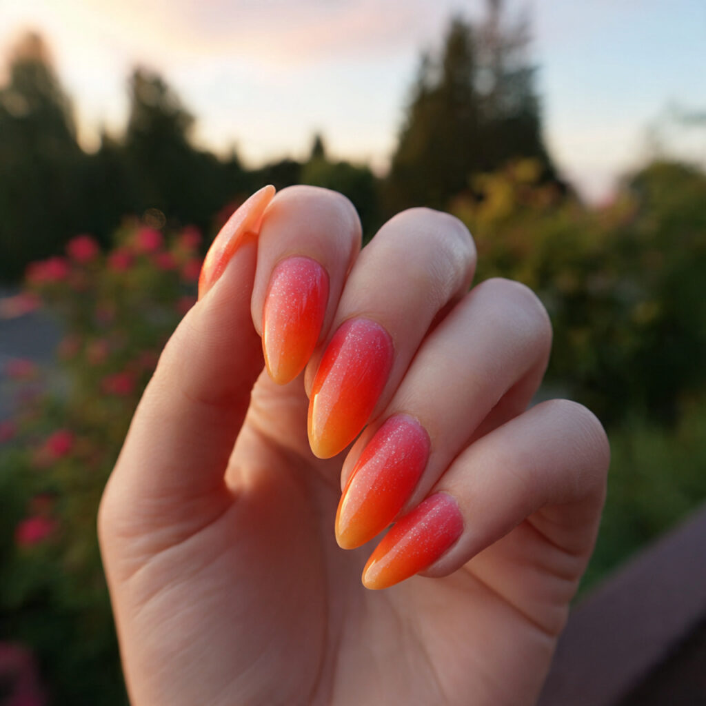 attractive sunset ombr almond nails with outdoor b