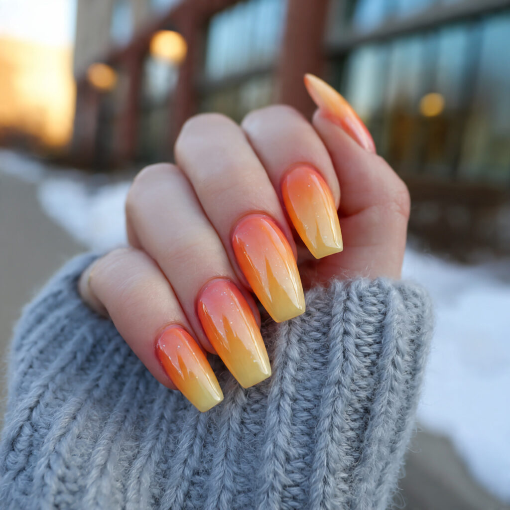 attractive sunset ombre coffin acrylic nails with