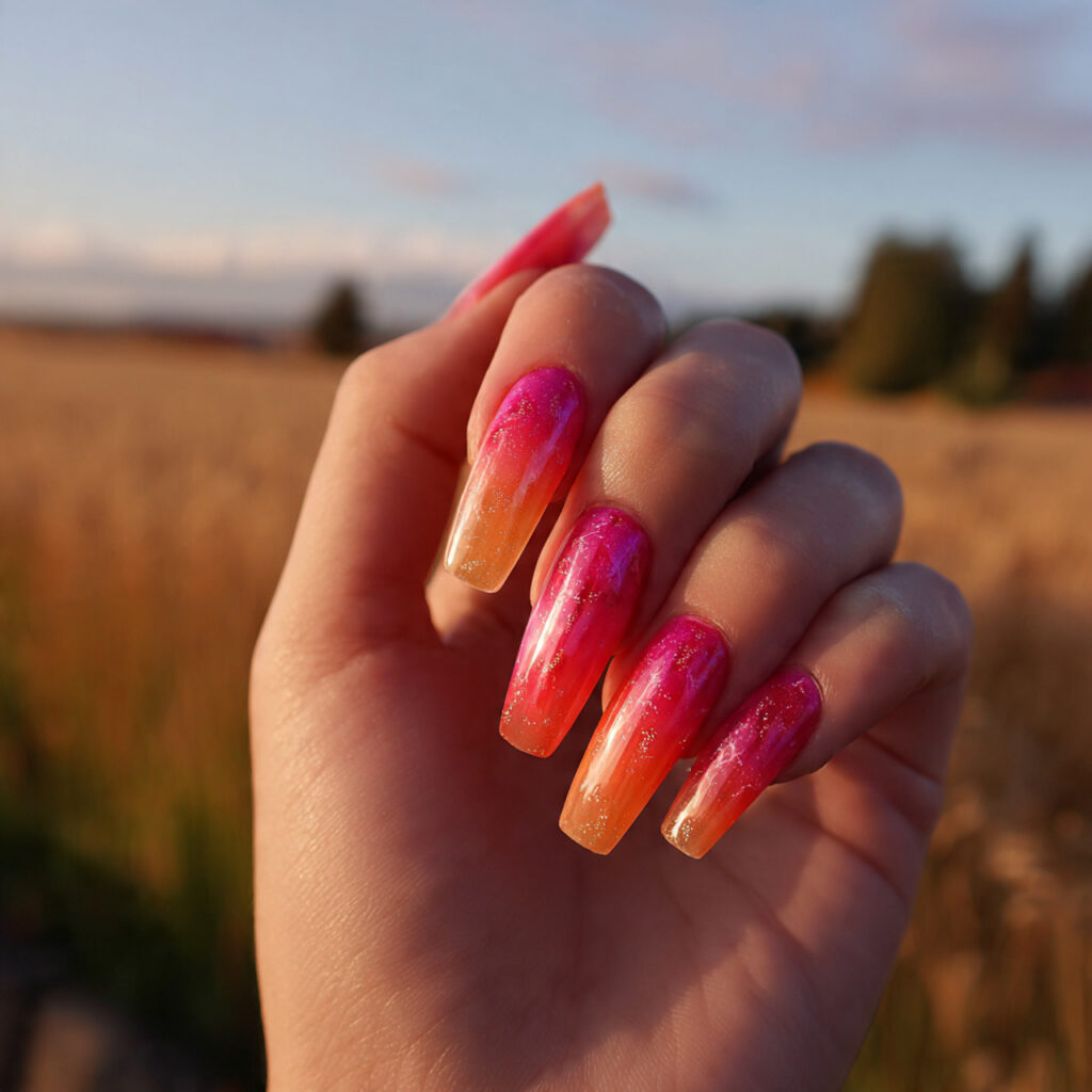 Summer Acrylic Nails: 14 Glossy, Vacation-Ready Designs You’ll Want to Screenshot 10 attractive sunset ombre coffin acrylics nails with