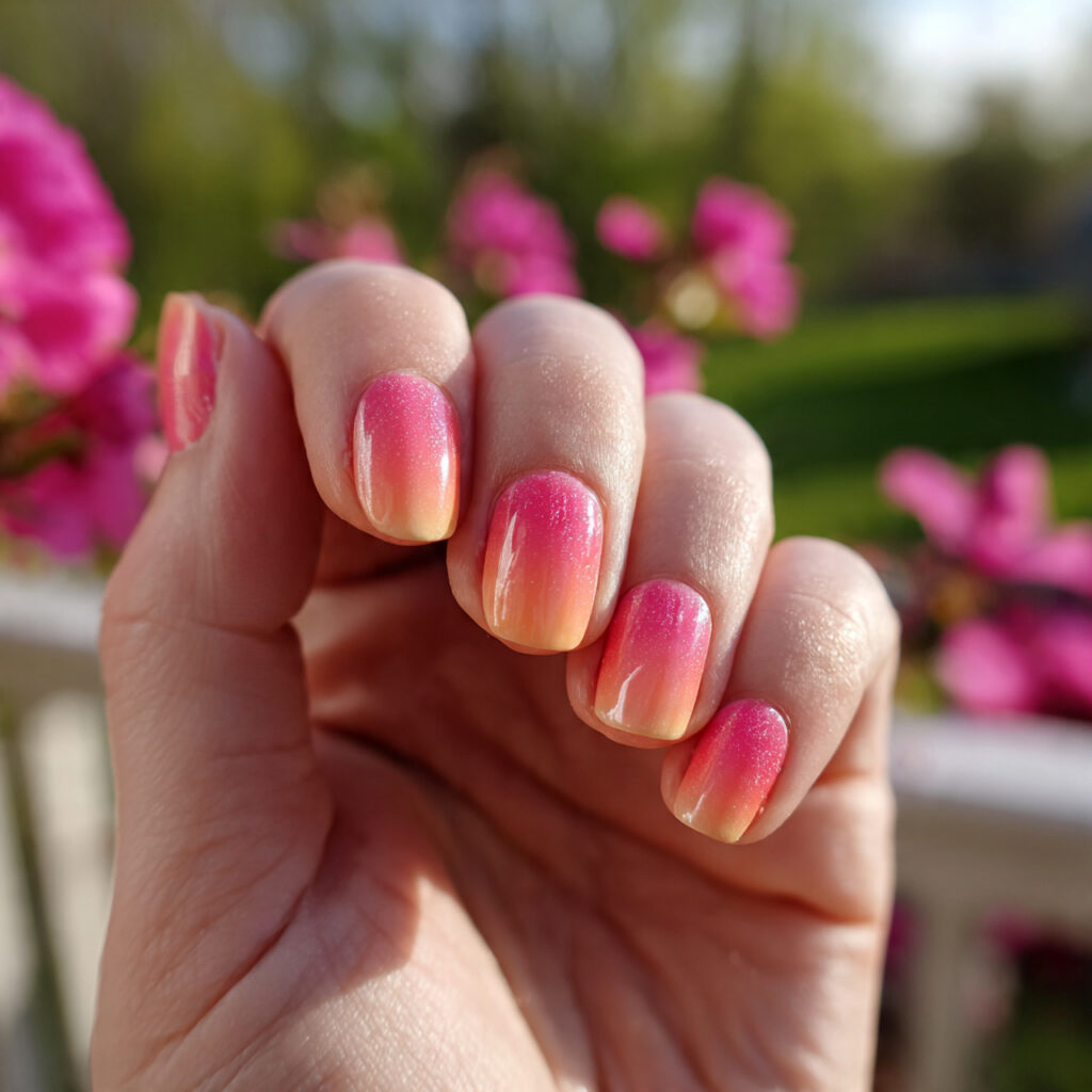 attractive sunset ombre peach to pink nails with o