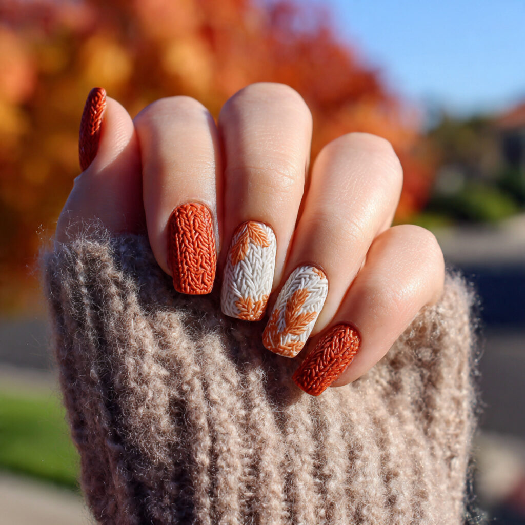 attractive sweater texture nails with outdoor fall