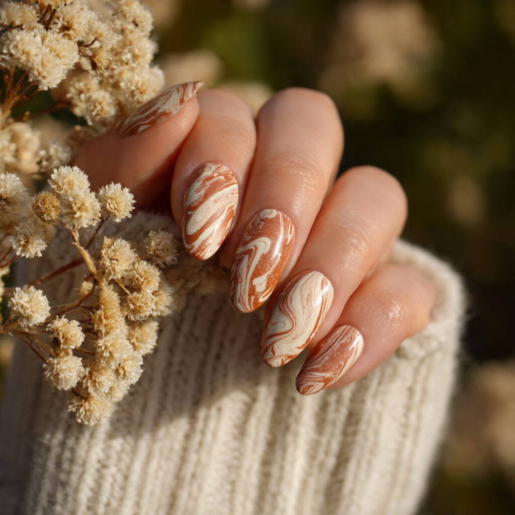 attractive swirly caramel and cream nails with out