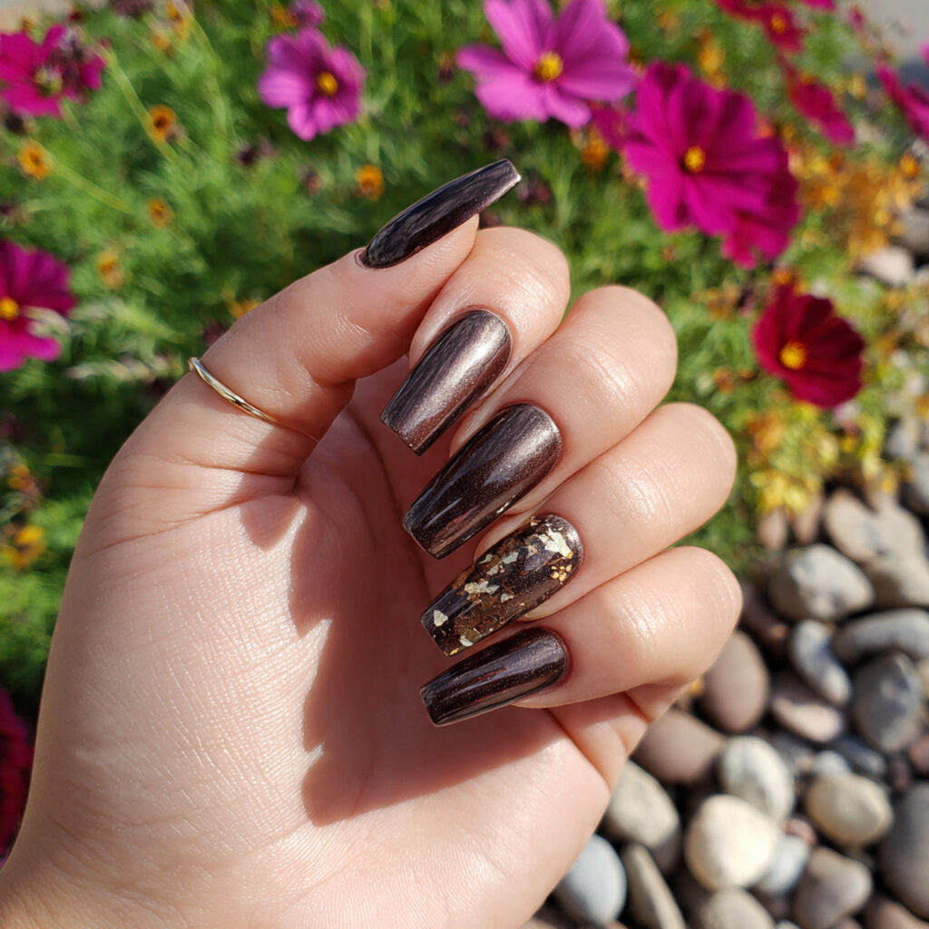 attractive tdeep mocha chrome acrylics nails with