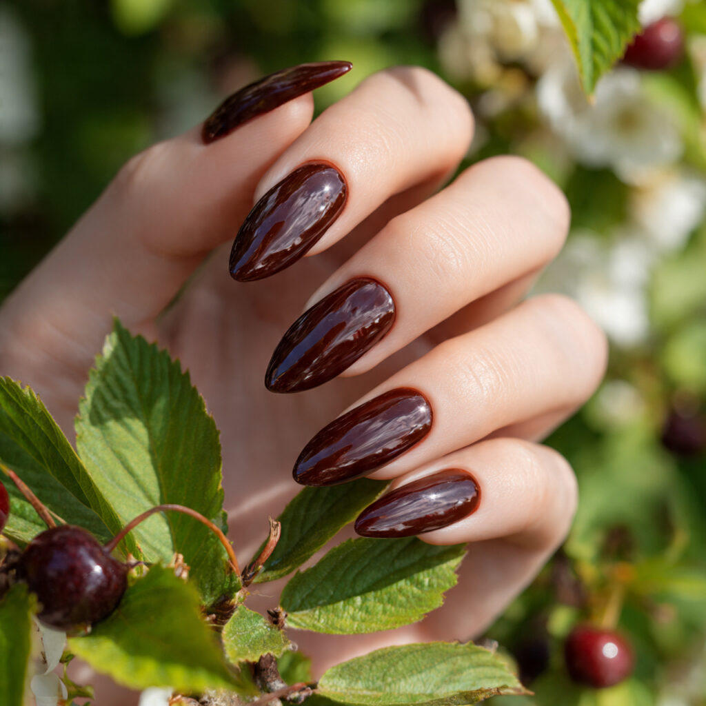 attractive tglossy chocolate almond nails with out