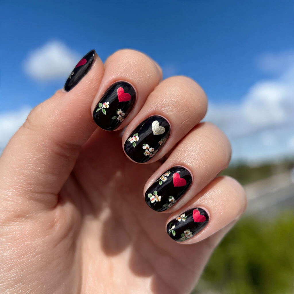 attractive tiny black heart accent nails with outd 1