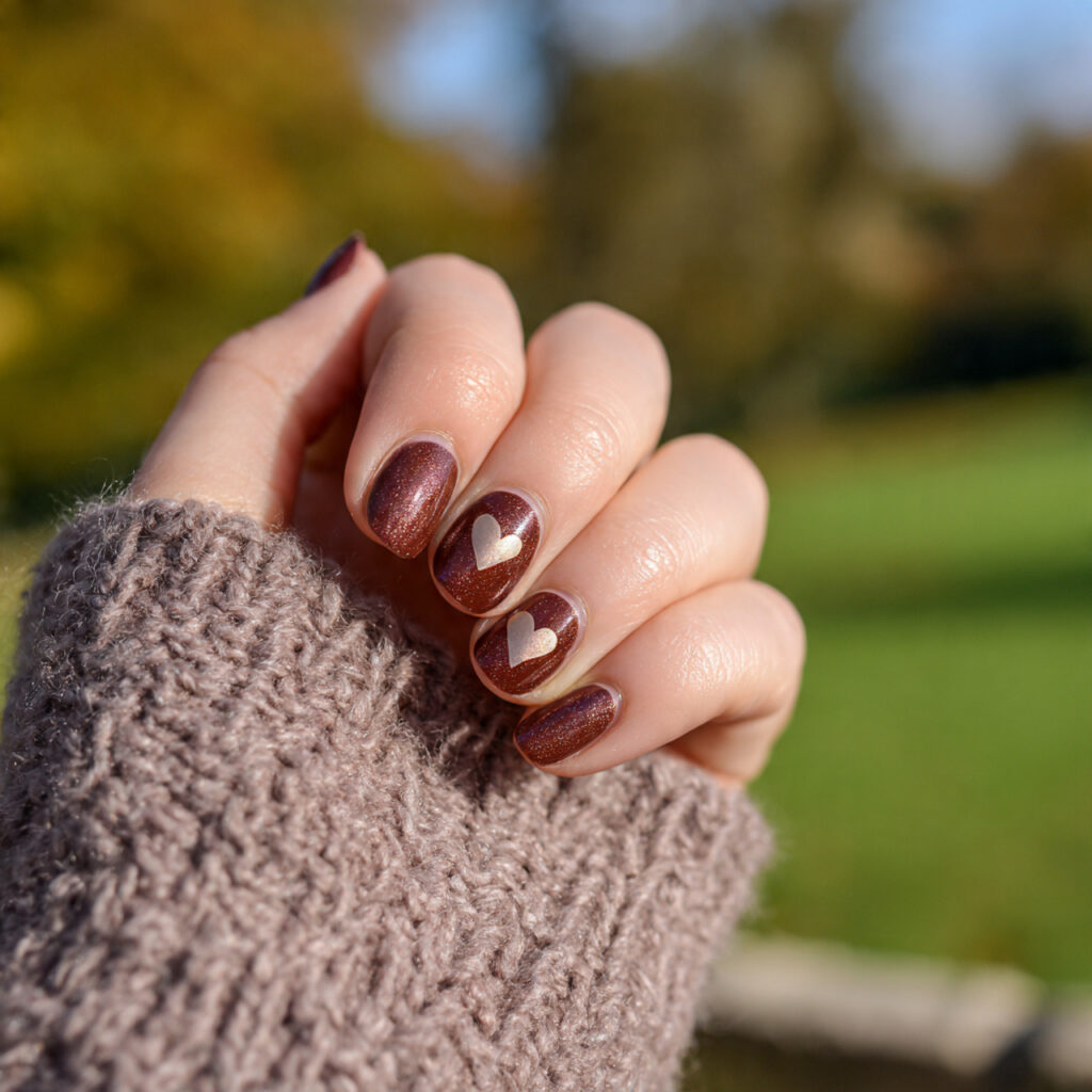 attractive tiny brown chocolate heart accent nails