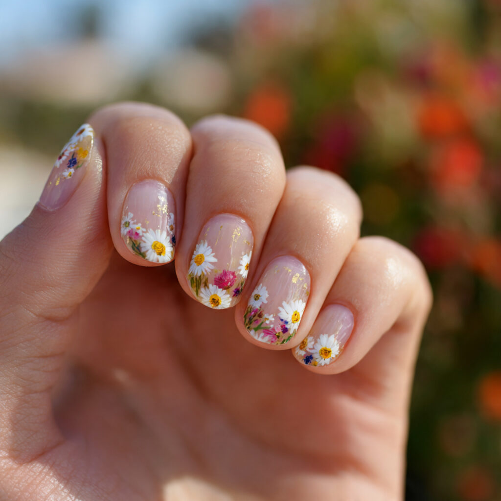 attractive tiny daisy accent nails with summer out