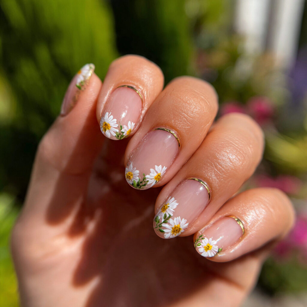 attractive tiny daisy accent on base nails with ou