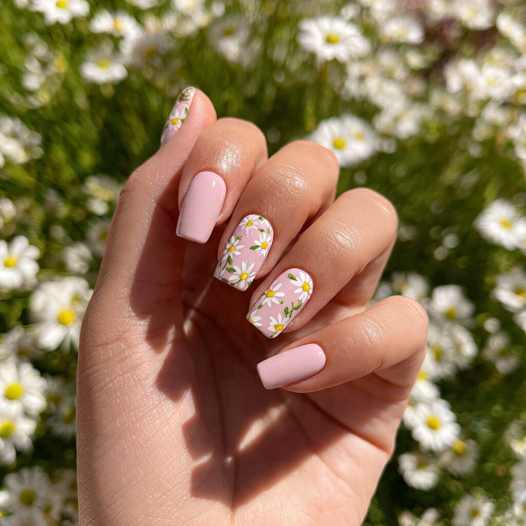 attractive tiny daisy accent on milky base nails w