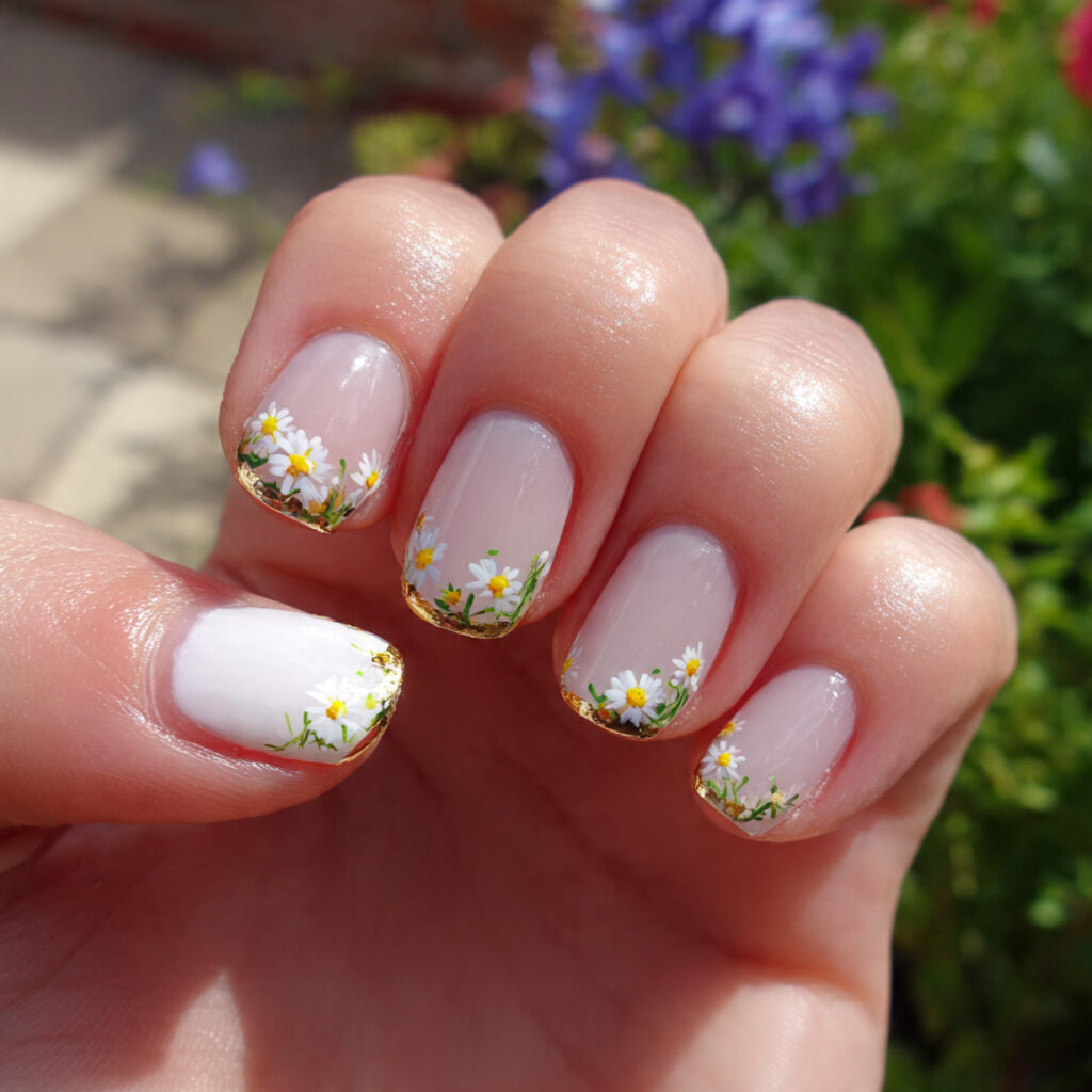 attractive tiny daisy accent on white nails with o