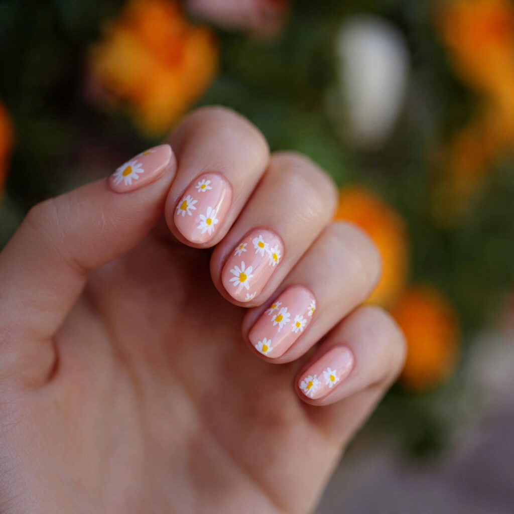 attractive tiny daisy accent very short nails with