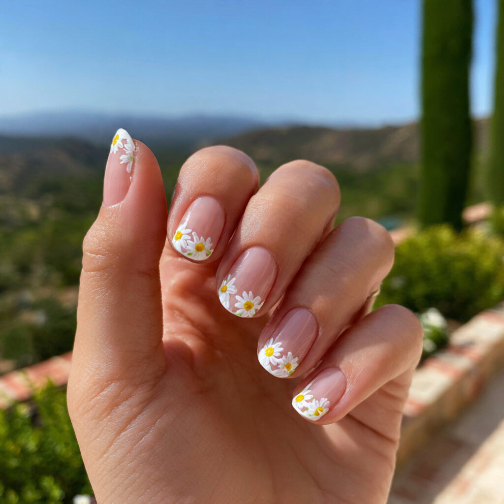 attractive tiny daisy french tip nails with outdoo