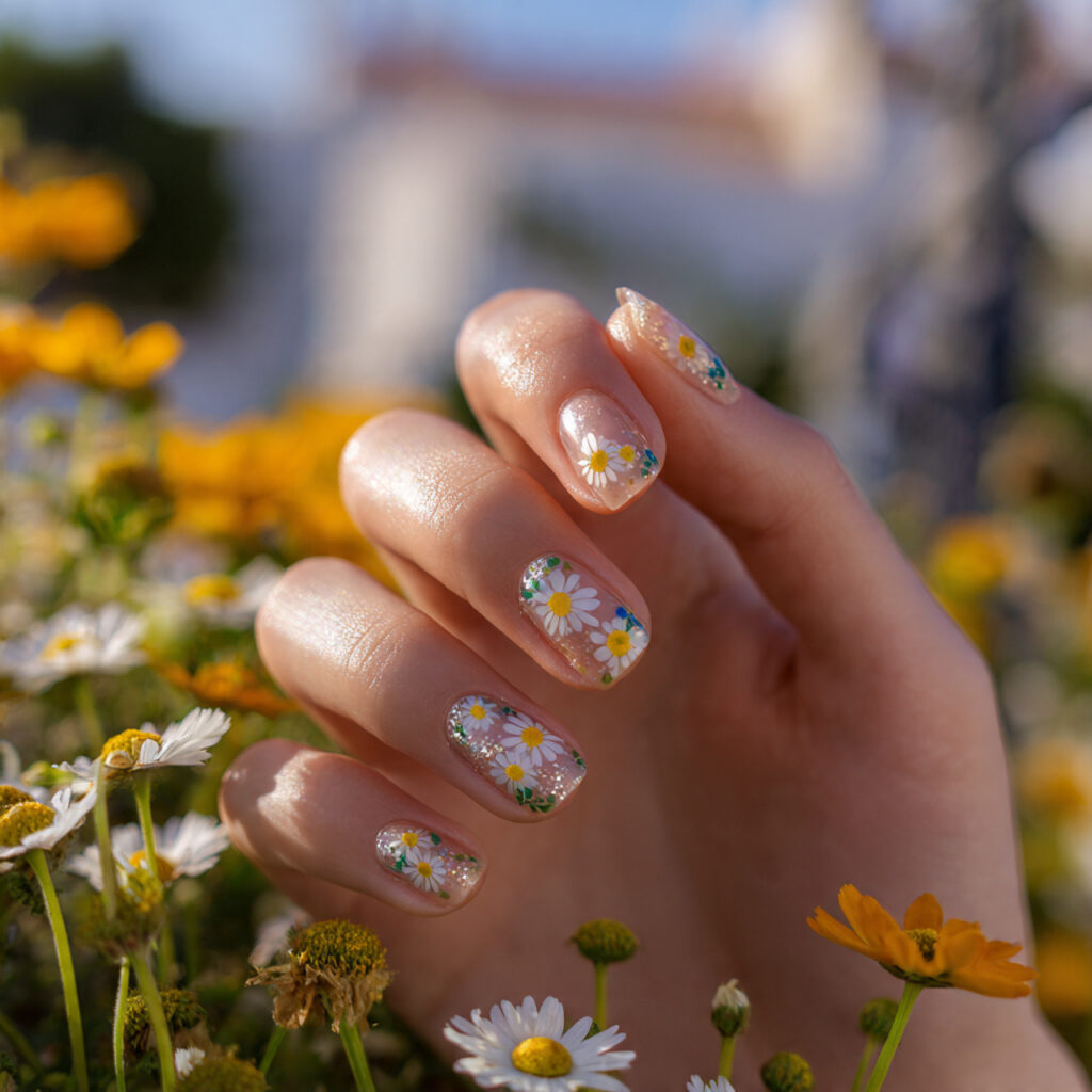 attractive tiny daisy garden gel nails with summer