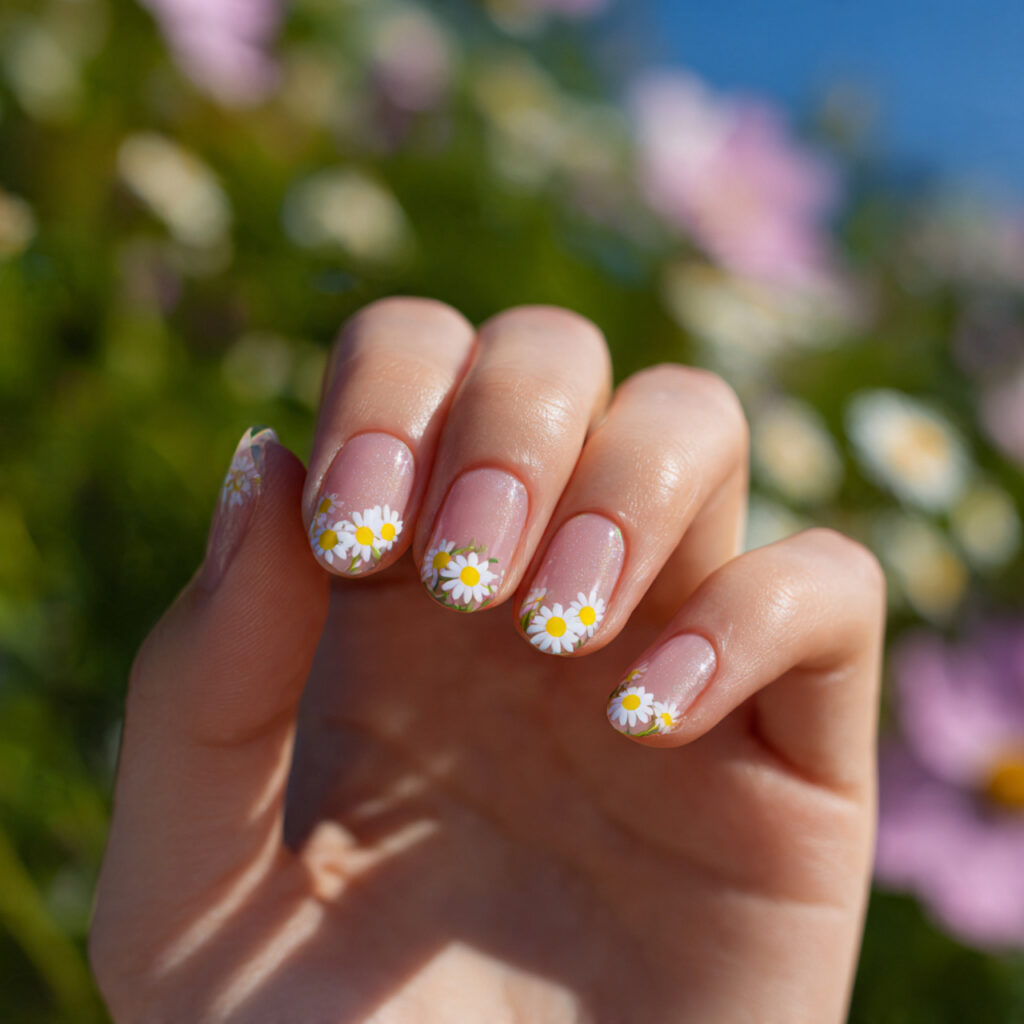 attractive tiny daisy short nails with outdoor sum