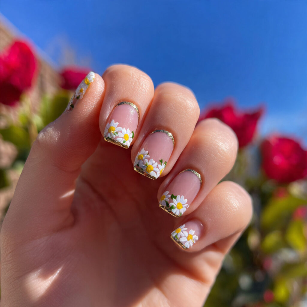 attractive tiny daisy square nails with outdoor su