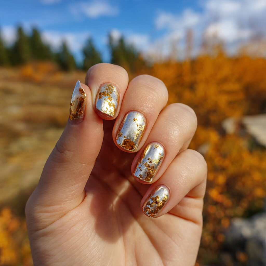 attractive tiny gold foil nude nails with outdoor